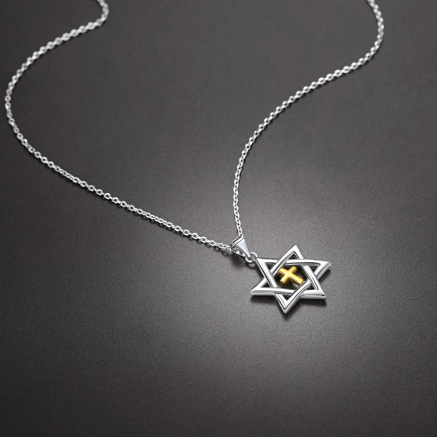 U7 Star of David Necklace for Men Women Gold/Stainless Steel Hexagon Pendant with Cross/Ruby Stone/Classic Jewish Isael Necklaces, Length 22" 24" 26"