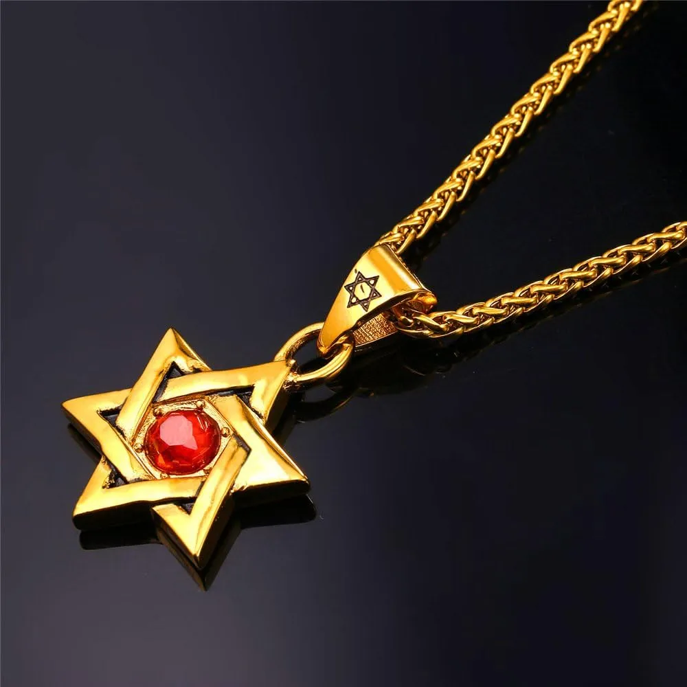 U7 Star of David Necklace for Men Women Gold/Stainless Steel Hexagon Pendant with Cross/Ruby Stone/Classic Jewish Isael Necklaces, Length 22" 24" 26"