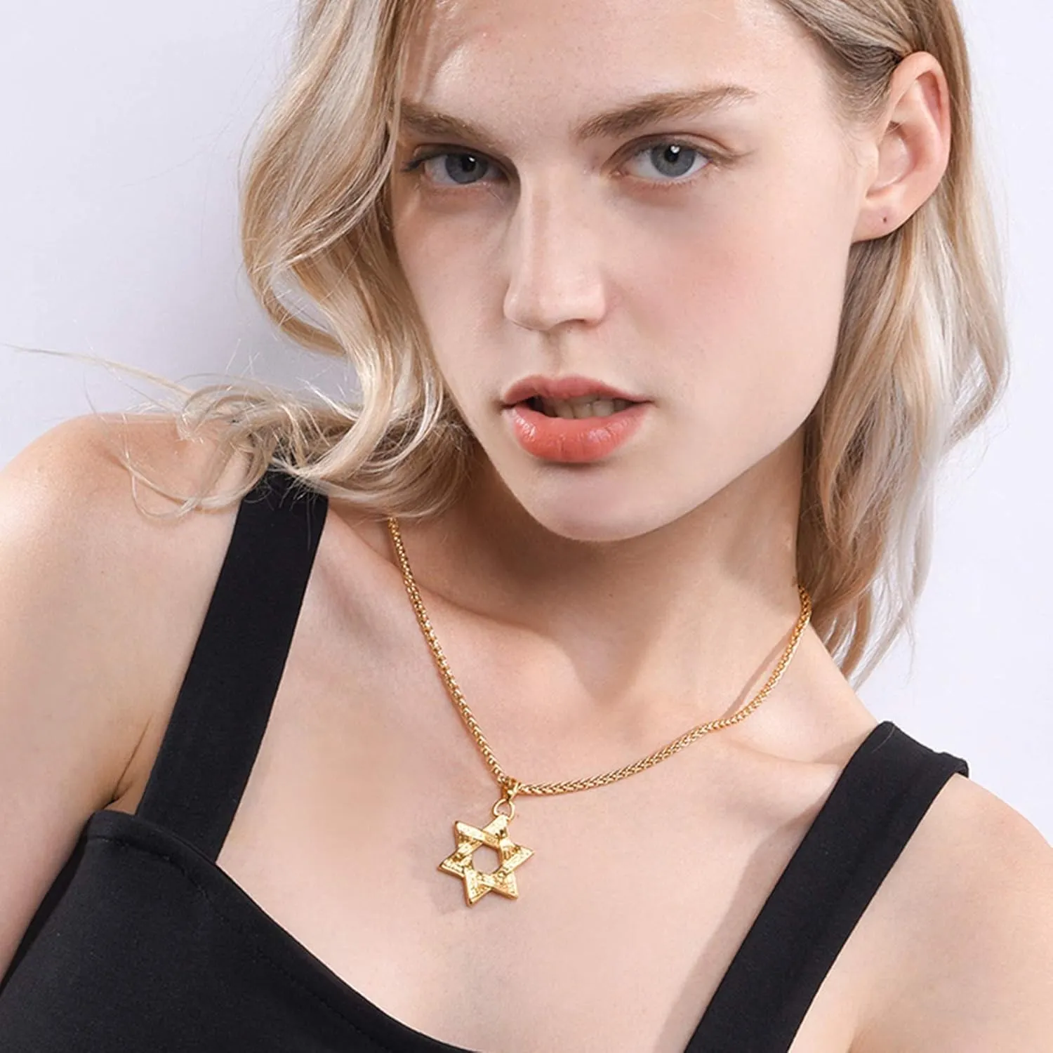 U7 Star of David Necklace for Men Women Gold/Stainless Steel Hexagon Pendant with Cross/Ruby Stone/Classic Jewish Isael Necklaces, Length 22" 24" 26"