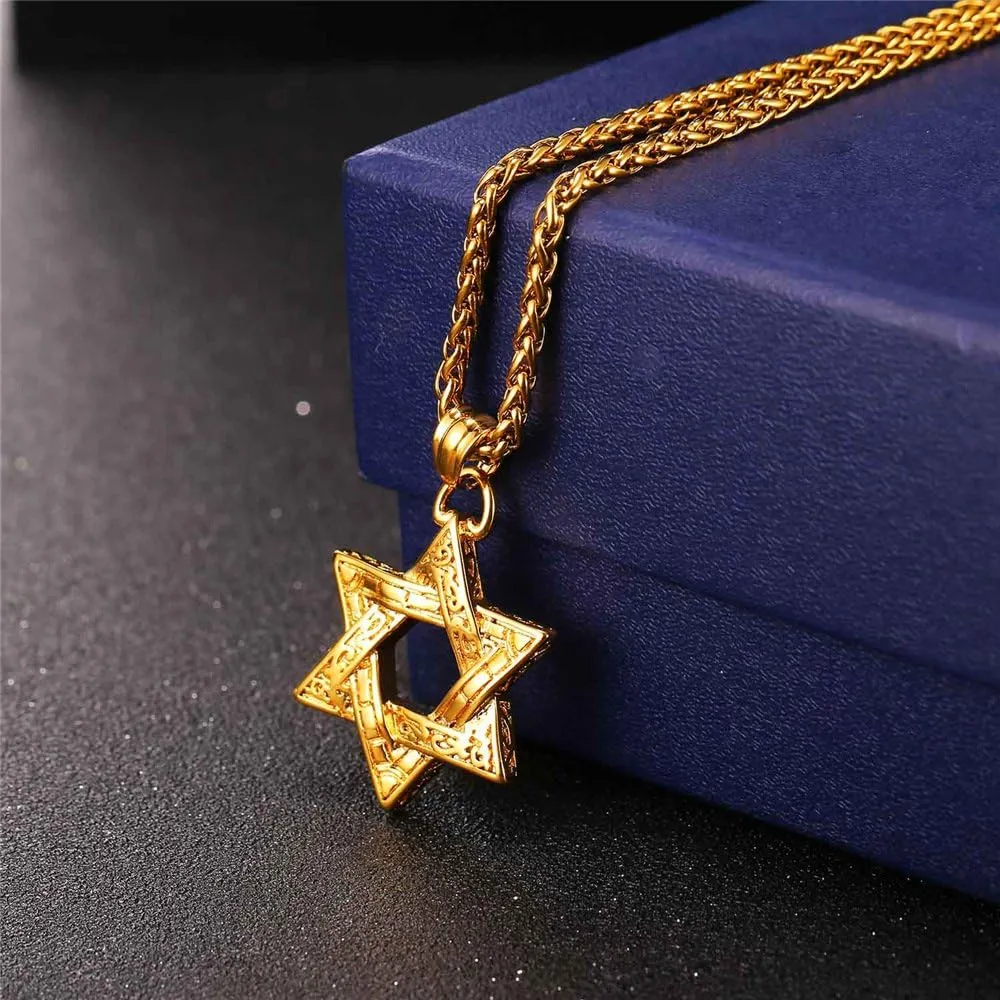 U7 Star of David Necklace for Men Women Gold/Stainless Steel Hexagon Pendant with Cross/Ruby Stone/Classic Jewish Isael Necklaces, Length 22" 24" 26"