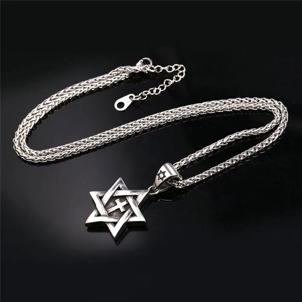 U7 Star of David Necklace for Men Women Gold/Stainless Steel Hexagon Pendant with Cross/Ruby Stone/Classic Jewish Isael Necklaces, Length 22" 24" 26"