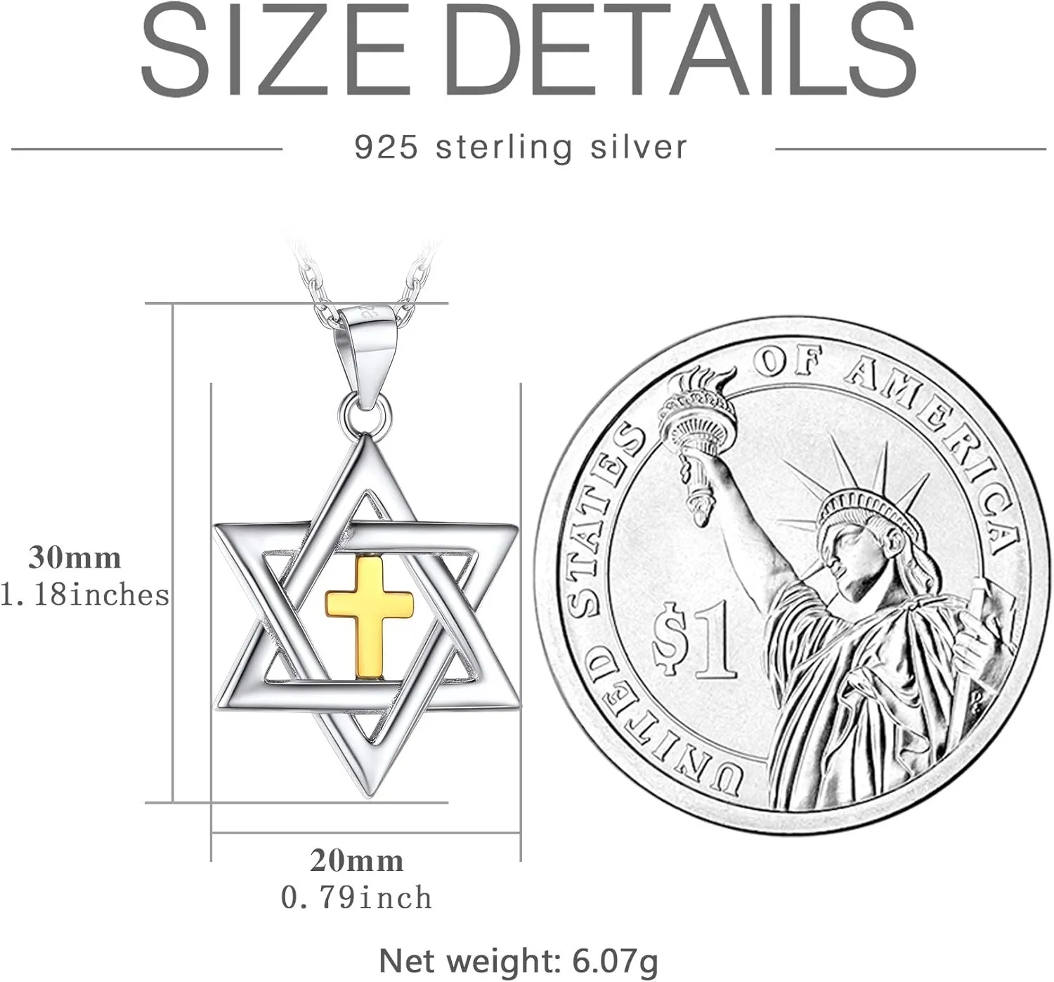 U7 Star of David Necklace for Men Women Gold/Stainless Steel Hexagon Pendant with Cross/Ruby Stone/Classic Jewish Isael Necklaces, Length 22" 24" 26"
