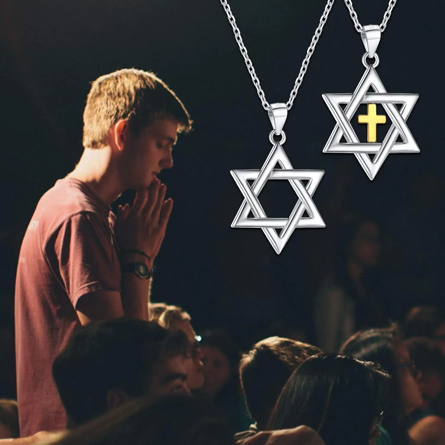 U7 Star of David Necklace for Men Women Gold/Stainless Steel Hexagon Pendant with Cross/Ruby Stone/Classic Jewish Isael Necklaces, Length 22" 24" 26"