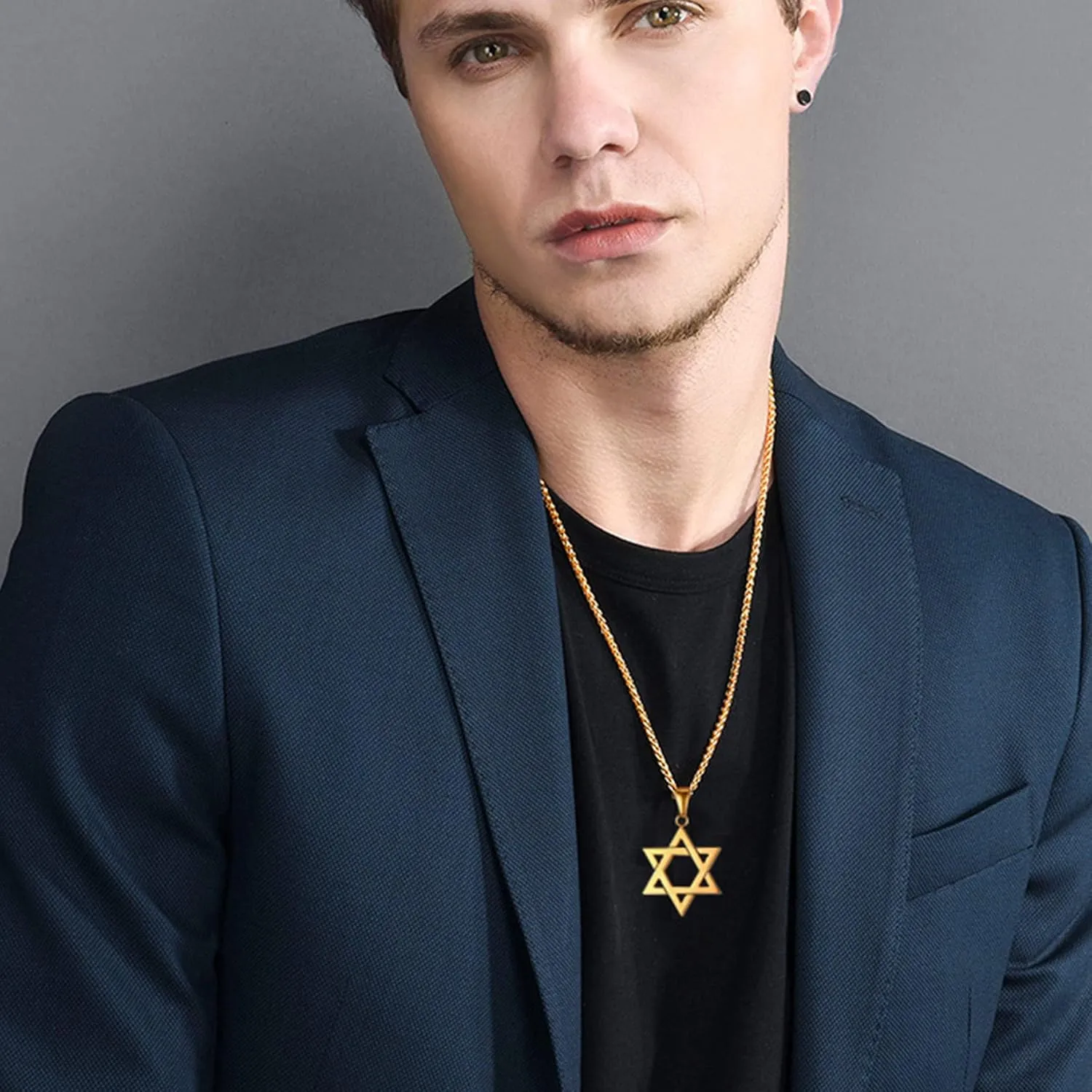 U7 Star of David Necklace for Men Women Gold/Stainless Steel Hexagon Pendant with Cross/Ruby Stone/Classic Jewish Isael Necklaces, Length 22" 24" 26"