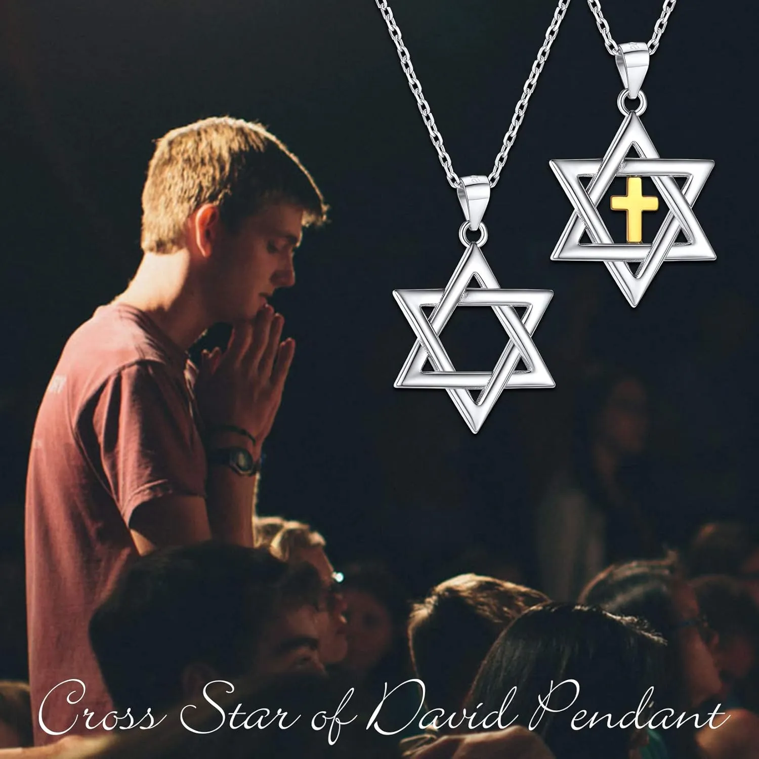U7 Star of David Necklace for Men Women Gold/Stainless Steel Hexagon Pendant with Cross/Ruby Stone/Classic Jewish Isael Necklaces, Length 22" 24" 26"