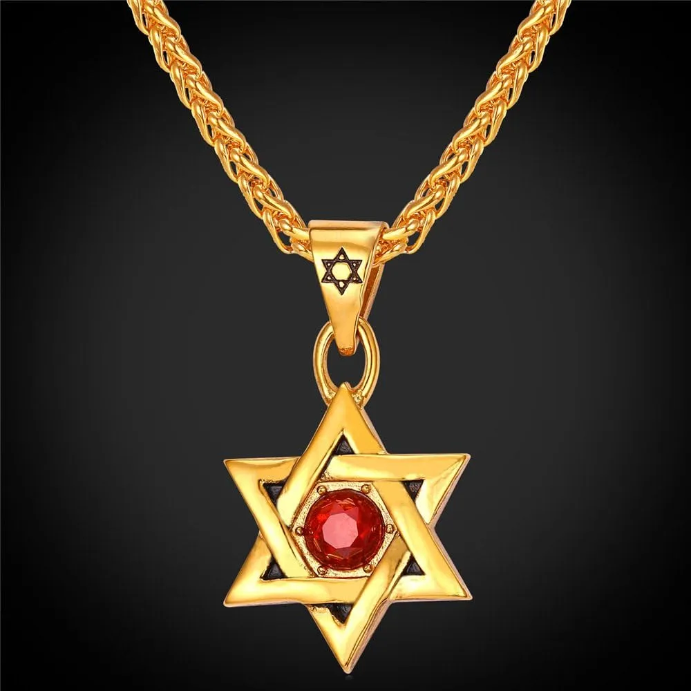 U7 Star of David Necklace for Men Women Gold/Stainless Steel Hexagon Pendant with Cross/Ruby Stone/Classic Jewish Isael Necklaces, Length 22" 24" 26"