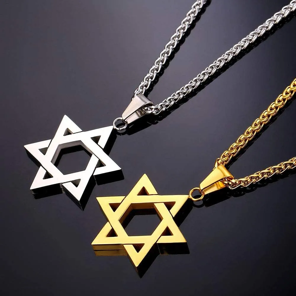 U7 Star of David Necklace for Men Women Gold/Stainless Steel Hexagon Pendant with Cross/Ruby Stone/Classic Jewish Isael Necklaces, Length 22" 24" 26"