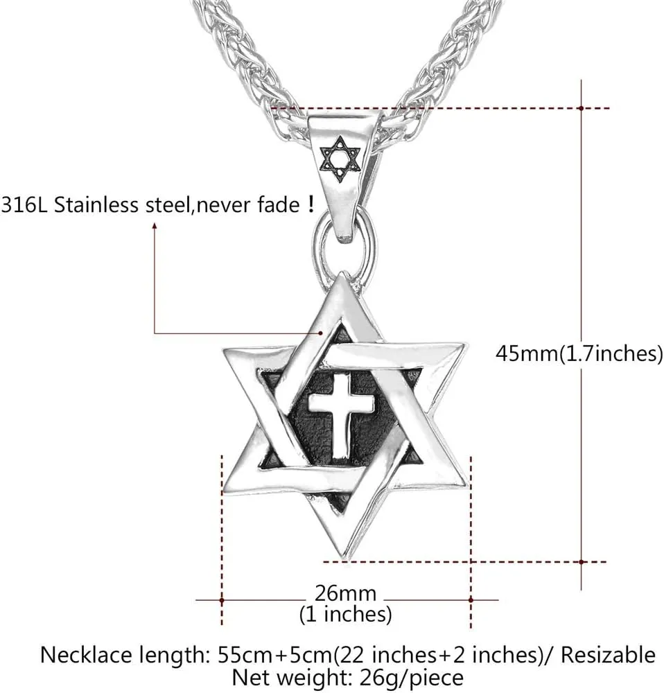U7 Star of David Necklace for Men Women Gold/Stainless Steel Hexagon Pendant with Cross/Ruby Stone/Classic Jewish Isael Necklaces, Length 22" 24" 26"