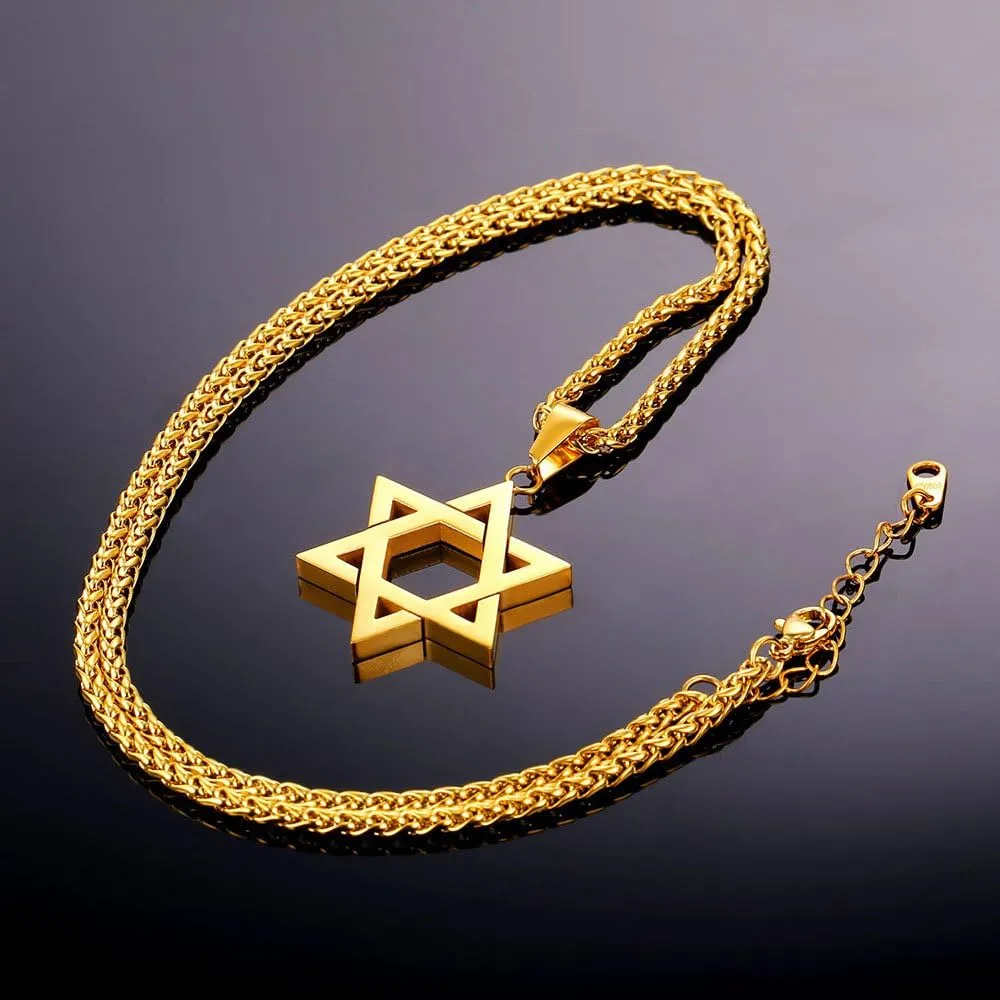 U7 Star of David Necklace for Men Women Gold/Stainless Steel Hexagon Pendant with Cross/Ruby Stone/Classic Jewish Isael Necklaces, Length 22" 24" 26"