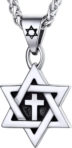 U7 Star of David Necklace for Men Women Gold/Stainless Steel Hexagon Pendant with Cross/Ruby Stone/Classic Jewish Isael Necklaces, Length 22" 24" 26"