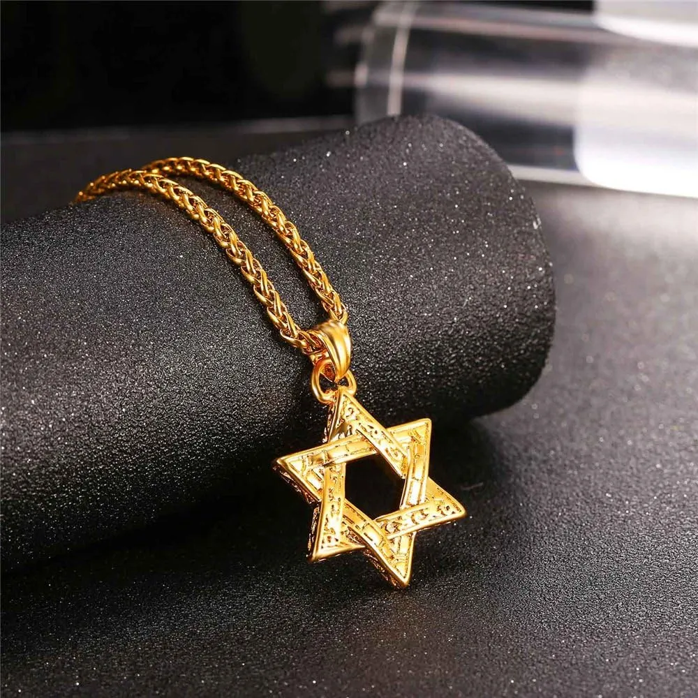 U7 Star of David Necklace for Men Women Gold/Stainless Steel Hexagon Pendant with Cross/Ruby Stone/Classic Jewish Isael Necklaces, Length 22" 24" 26"