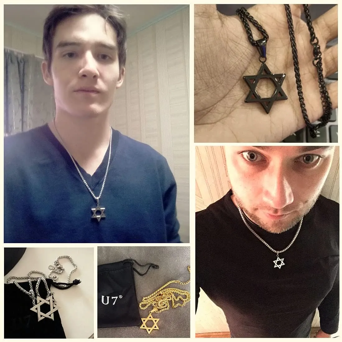 U7 Star of David Necklace for Men Women Gold/Stainless Steel Hexagon Pendant with Cross/Ruby Stone/Classic Jewish Isael Necklaces, Length 22" 24" 26"