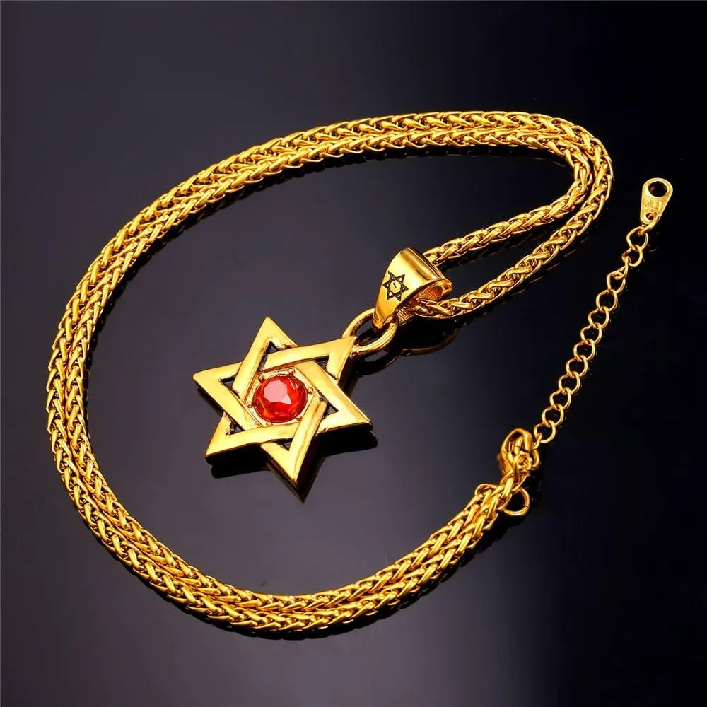 U7 Star of David Necklace for Men Women Gold/Stainless Steel Hexagon Pendant with Cross/Ruby Stone/Classic Jewish Isael Necklaces, Length 22" 24" 26"