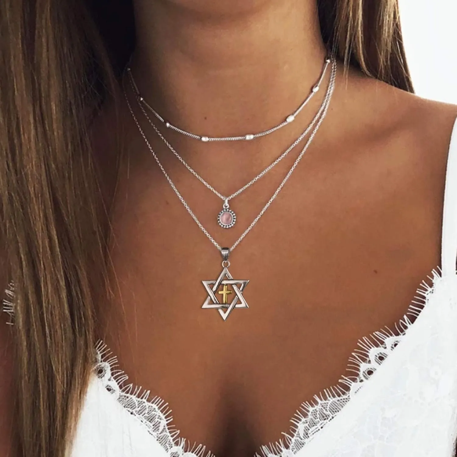 U7 Star of David Necklace for Men Women Gold/Stainless Steel Hexagon Pendant with Cross/Ruby Stone/Classic Jewish Isael Necklaces, Length 22" 24" 26"