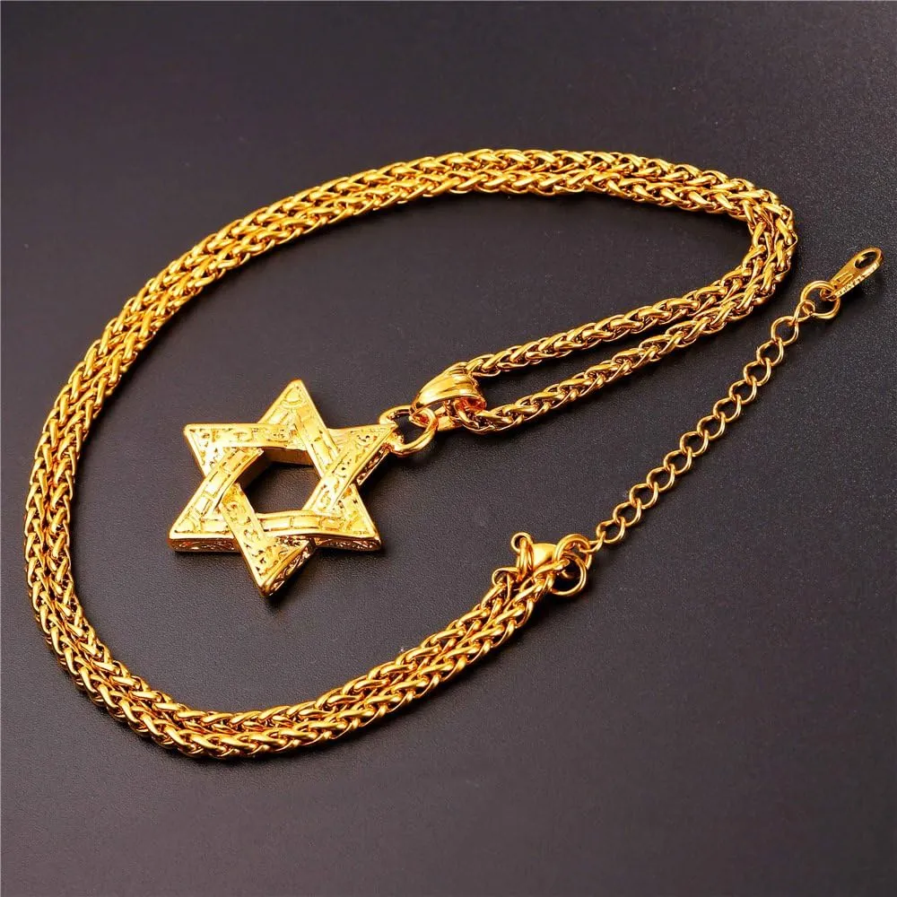 U7 Star of David Necklace for Men Women Gold/Stainless Steel Hexagon Pendant with Cross/Ruby Stone/Classic Jewish Isael Necklaces, Length 22" 24" 26"