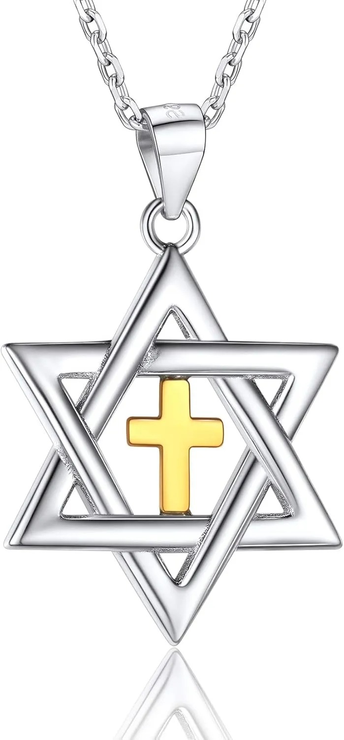 U7 Star of David Necklace for Men Women Gold/Stainless Steel Hexagon Pendant with Cross/Ruby Stone/Classic Jewish Isael Necklaces, Length 22" 24" 26"