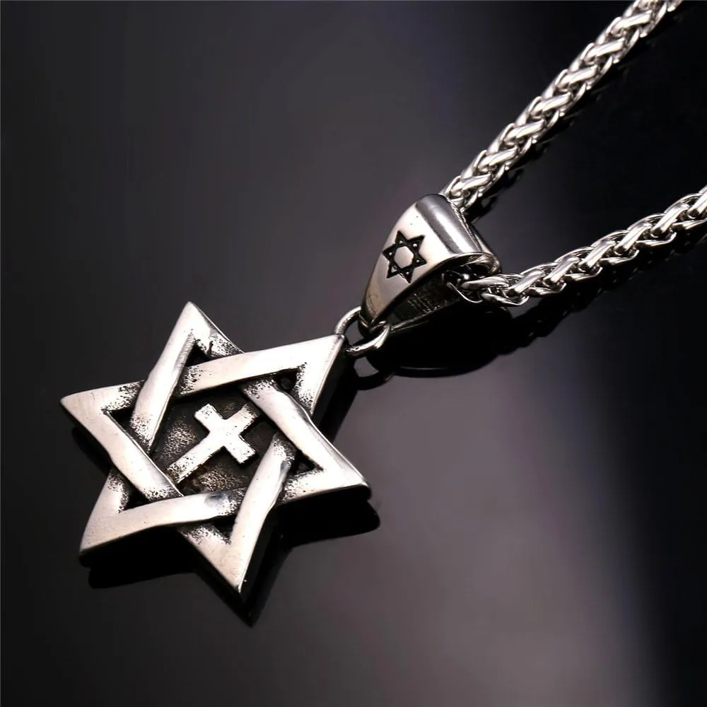 U7 Star of David Necklace for Men Women Gold/Stainless Steel Hexagon Pendant with Cross/Ruby Stone/Classic Jewish Isael Necklaces, Length 22" 24" 26"