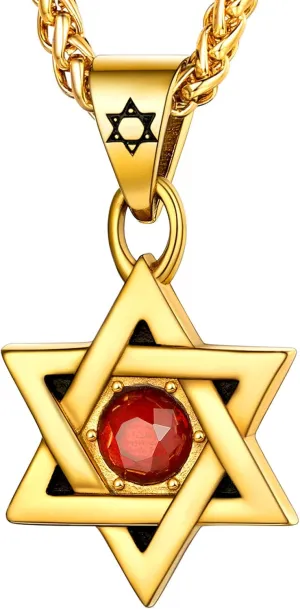 U7 Star of David Necklace for Men Women Gold/Stainless Steel Hexagon Pendant with Cross/Ruby Stone/Classic Jewish Isael Necklaces, Length 22" 24" 26"