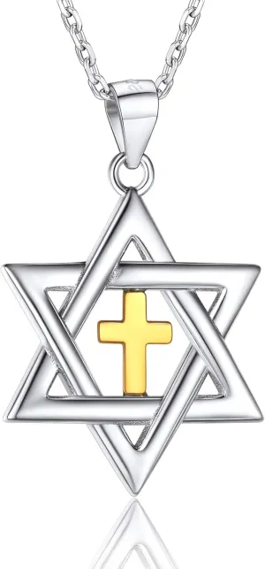 U7 Star of David Necklace for Men Women Gold/Stainless Steel Hexagon Pendant with Cross/Ruby Stone/Classic Jewish Isael Necklaces, Length 22" 24" 26"