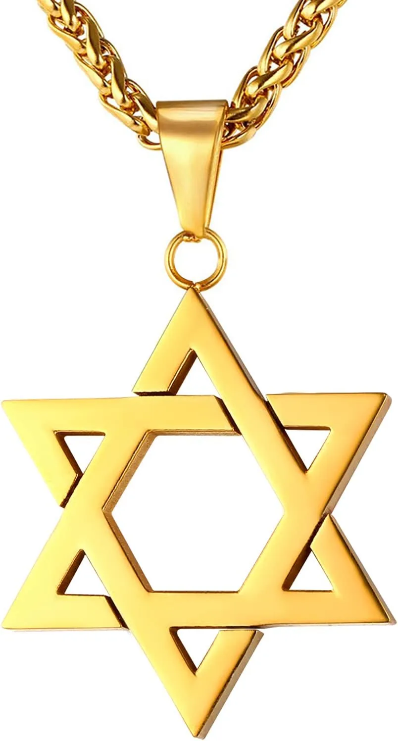 U7 Star of David Necklace for Men Women Gold/Stainless Steel Hexagon Pendant with Cross/Ruby Stone/Classic Jewish Isael Necklaces, Length 22" 24" 26"