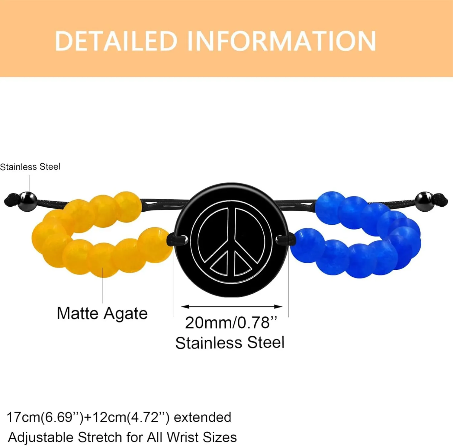 Ukrainian Flag Bracelet - Adjustable Blue and Yellow Crystal Bracelet with Matte Blue Agate and Yellow Jasper Beads, Unisex Peace Symbol Jewelry Commemorative Gift YA5011