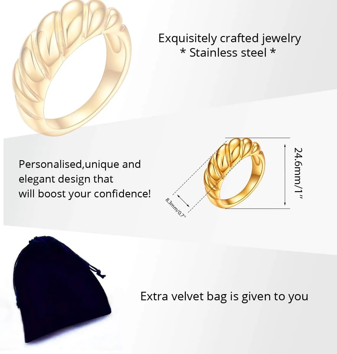 Uloveido 18K Gold Plated Croissant Ring Chunky Twisted Dome Ring Band Stackable Minimalist Statement Rings