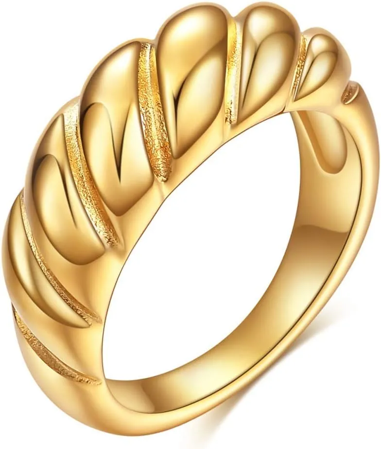 Uloveido 18K Gold Plated Croissant Ring Chunky Twisted Dome Ring Band Stackable Minimalist Statement Rings