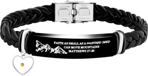 Uloveido Faith Can Move Mountains Bracelet, Encouragement Gifts Black Braided Leather Cuff Bracelet Charms with Heart Mustard Seed for Men Women Dad Boys Friends Birthday Gift