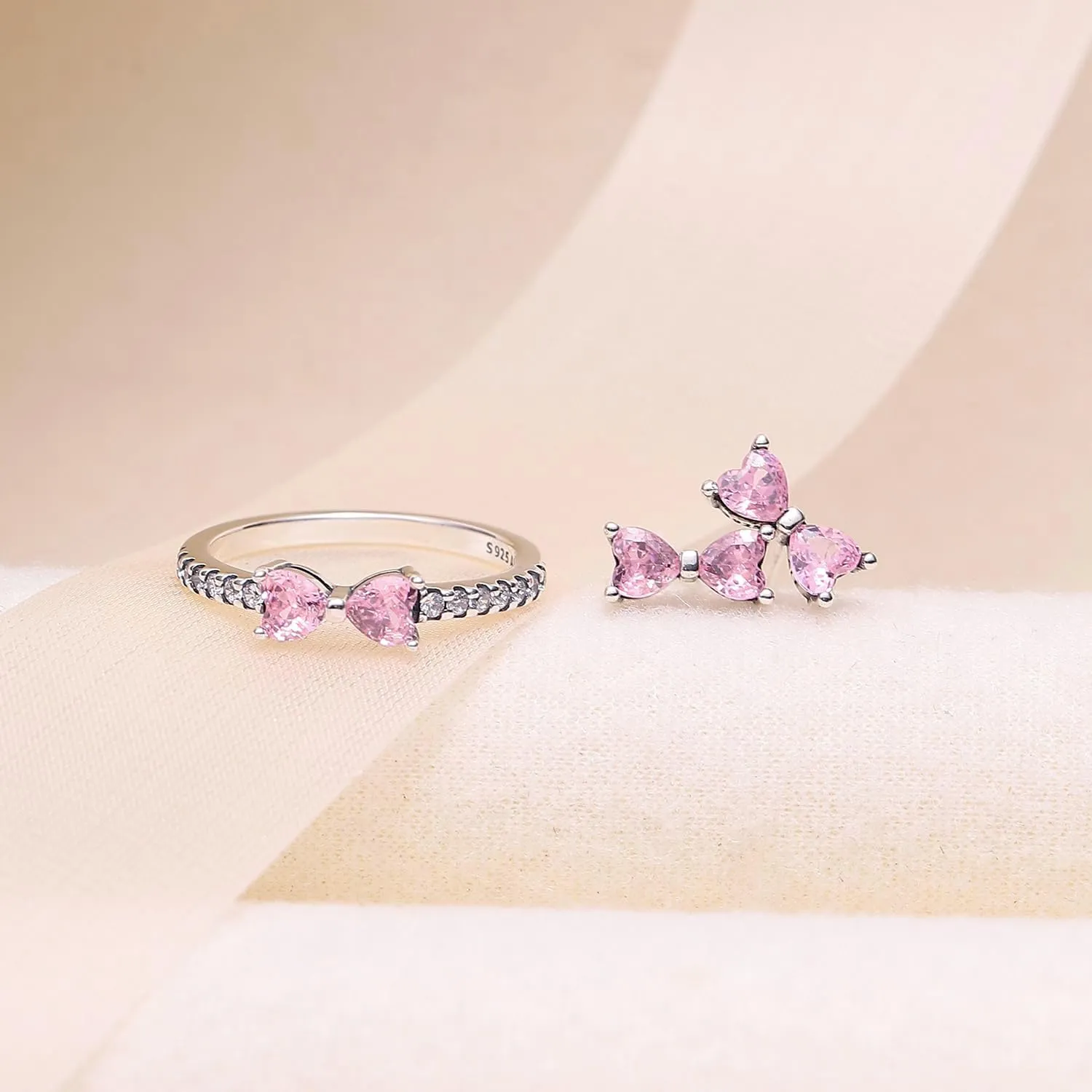 UneDouce Sparkling Bow Rings Set with 14K Gold/Silver Plating | Pink Bow Earrings and Ring Set for Women | Friendship Promise Ring, Stackable Bow Jewelry Set, Gift for Women