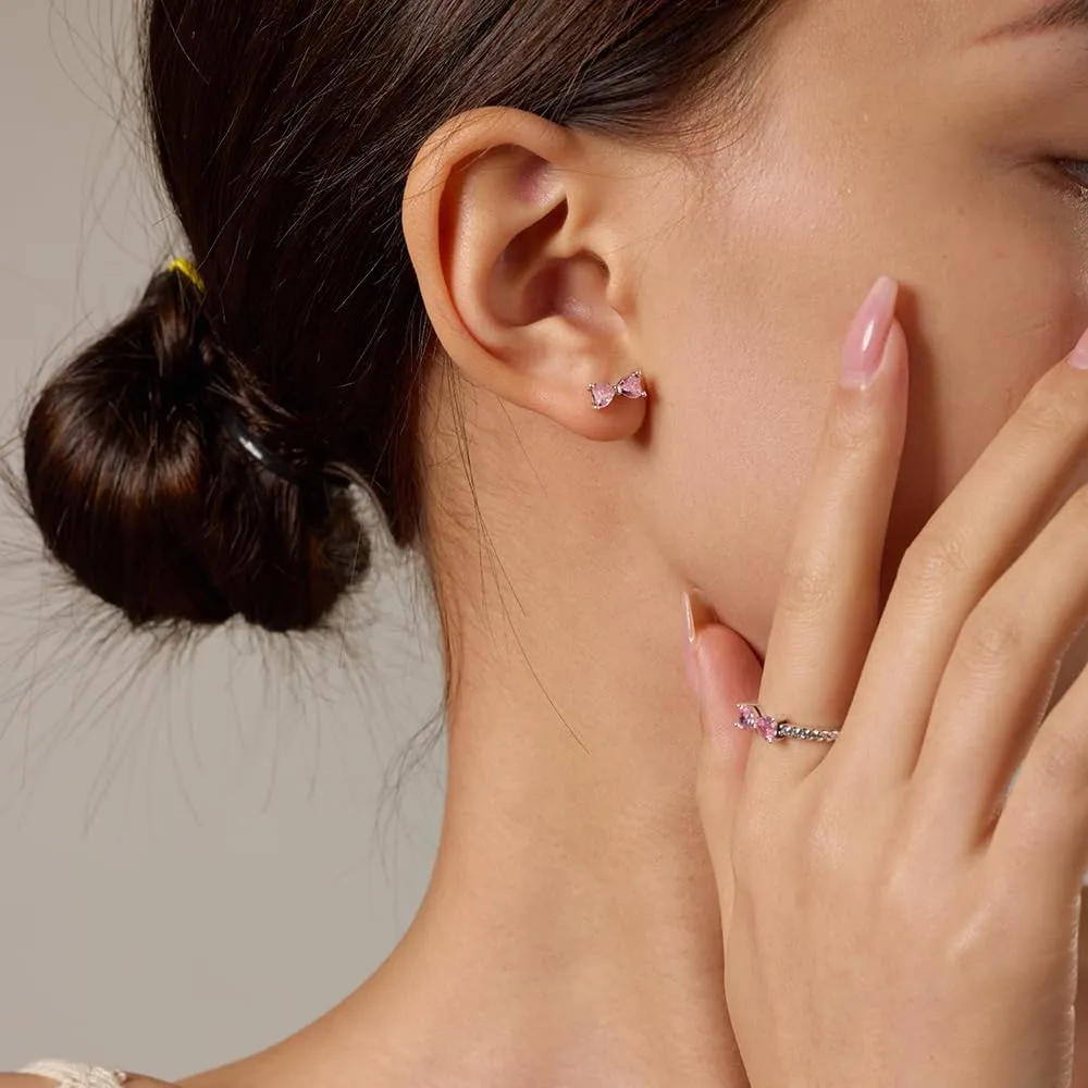 UneDouce Sparkling Bow Rings Set with 14K Gold/Silver Plating | Pink Bow Earrings and Ring Set for Women | Friendship Promise Ring, Stackable Bow Jewelry Set, Gift for Women