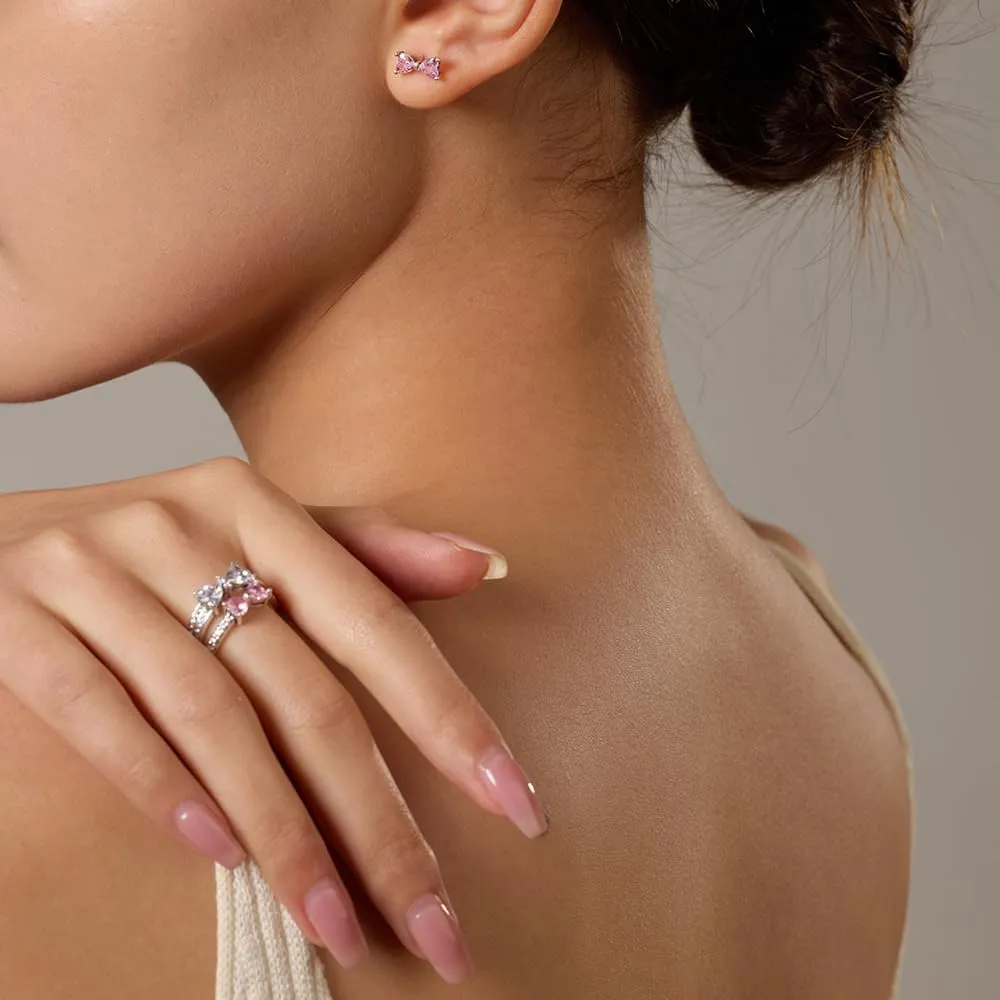 UneDouce Sparkling Bow Rings Set with 14K Gold/Silver Plating | Pink Bow Earrings and Ring Set for Women | Friendship Promise Ring, Stackable Bow Jewelry Set, Gift for Women