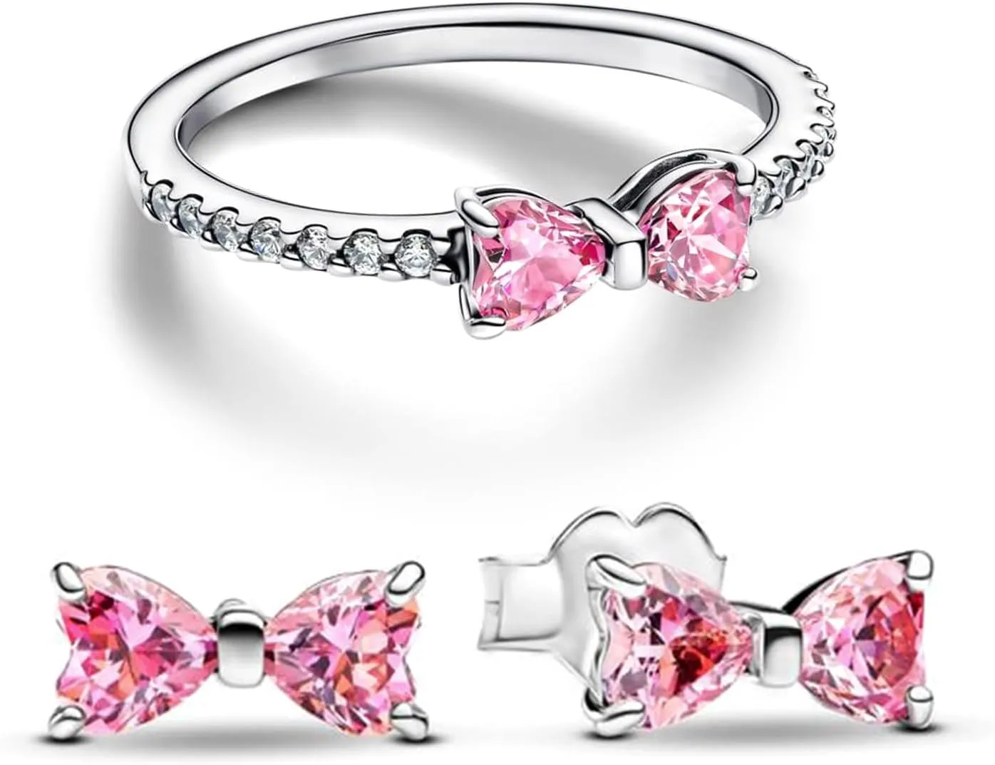 UneDouce Sparkling Bow Rings Set with 14K Gold/Silver Plating | Pink Bow Earrings and Ring Set for Women | Friendship Promise Ring, Stackable Bow Jewelry Set, Gift for Women