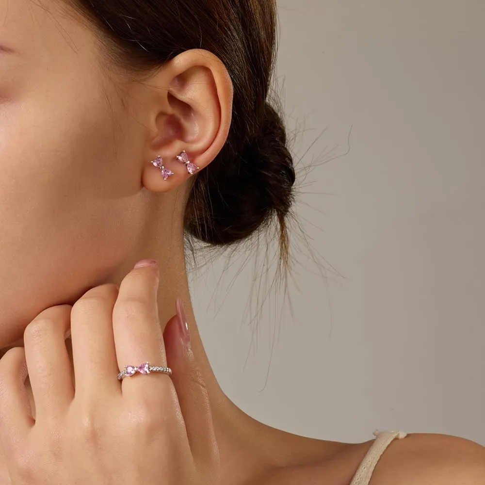 UneDouce Sparkling Bow Rings Set with 14K Gold/Silver Plating | Pink Bow Earrings and Ring Set for Women | Friendship Promise Ring, Stackable Bow Jewelry Set, Gift for Women