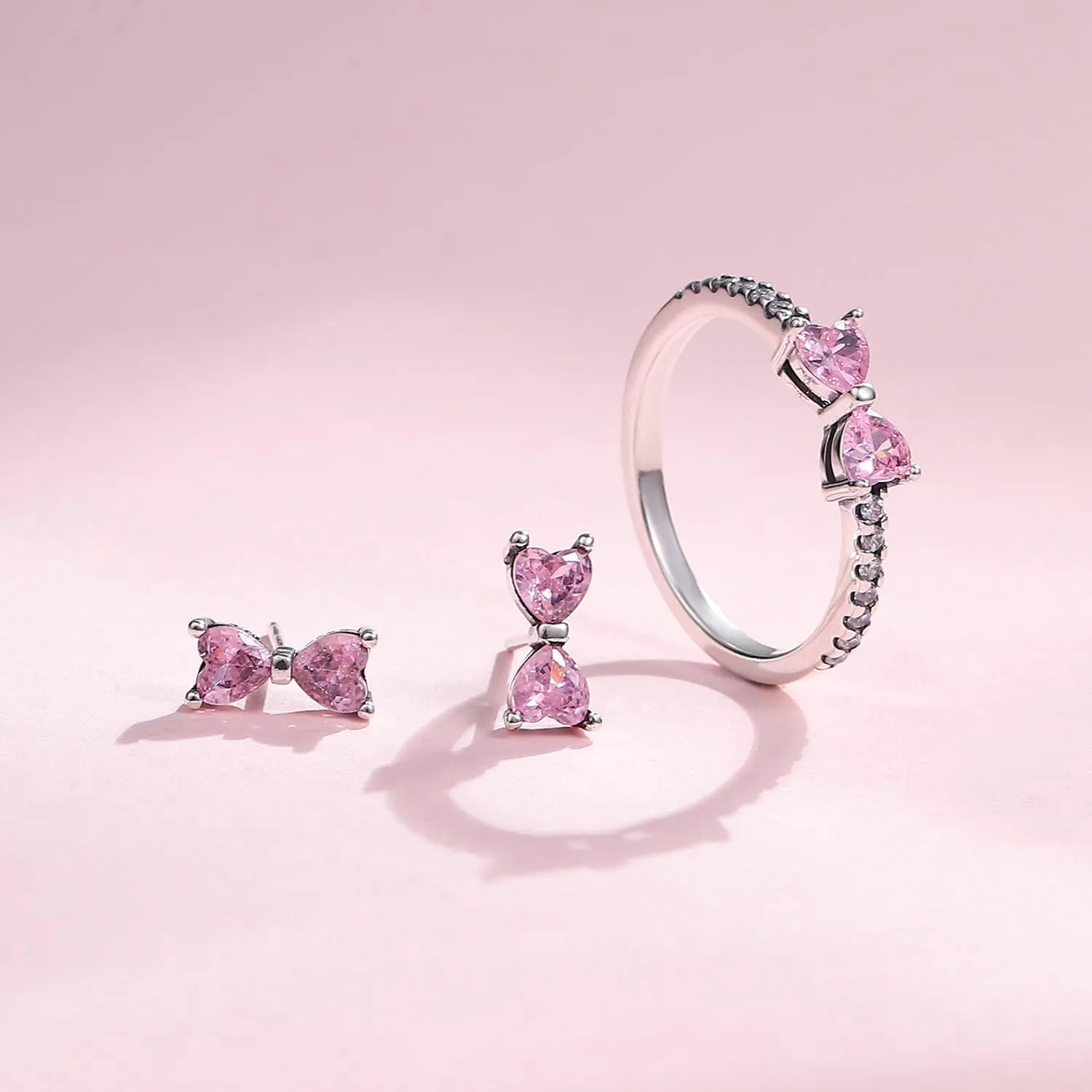 UneDouce Sparkling Bow Rings Set with 14K Gold/Silver Plating | Pink Bow Earrings and Ring Set for Women | Friendship Promise Ring, Stackable Bow Jewelry Set, Gift for Women