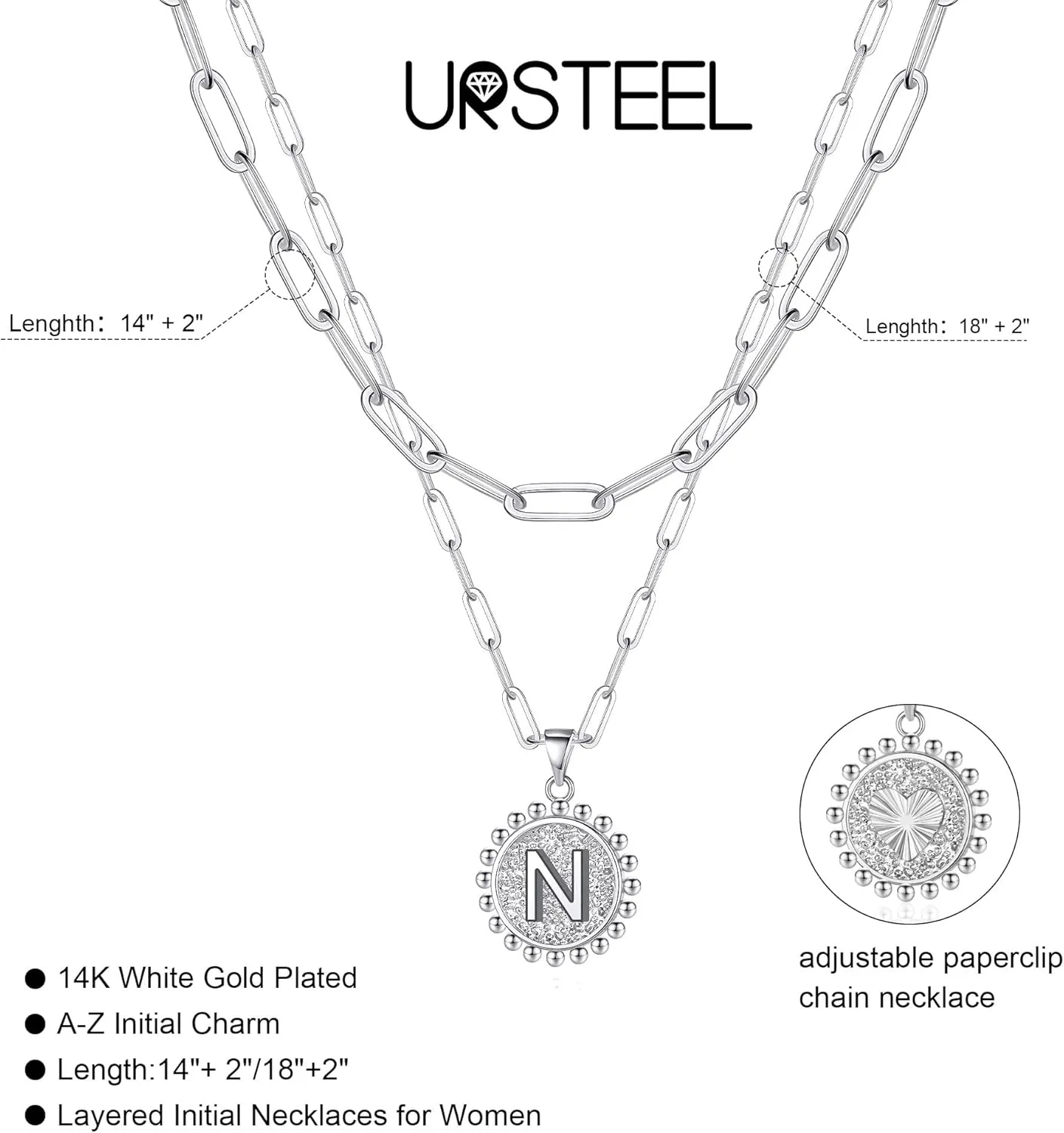 Ursteel Layered Initial Necklaces for Women - 14K Gold Plated Dainty Layering Paperclip Chain Necklaces for Women Jewelry