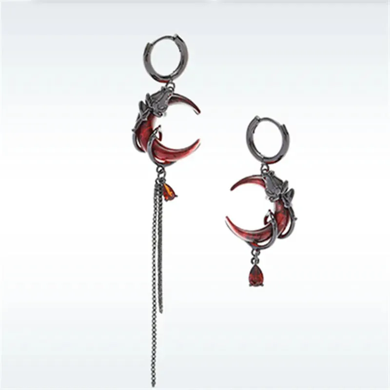VAIGE Asymmetrical Red Moon Rose Crystal Drop Earrings with Long Tassel Design in Stainless Steel and Zinc Alloy