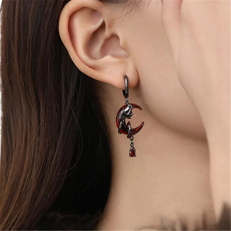 VAIGE Asymmetrical Red Moon Rose Crystal Drop Earrings with Long Tassel Design in Stainless Steel and Zinc Alloy