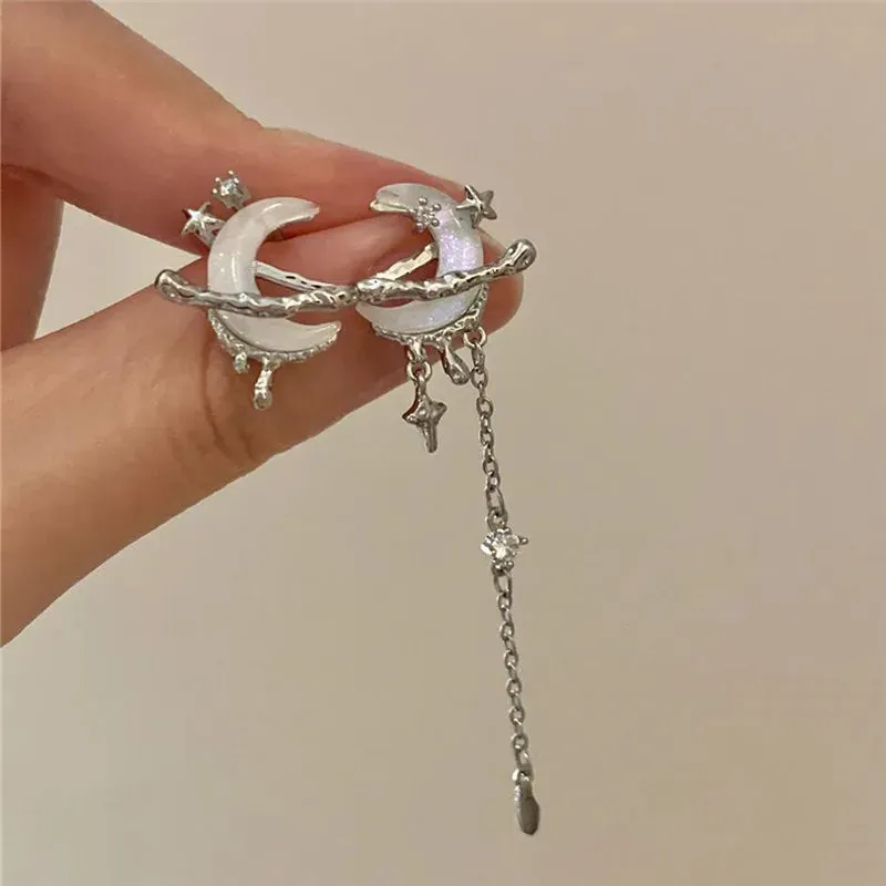 VAIGE Asymmetrical Red Moon Rose Crystal Drop Earrings with Long Tassel Design in Stainless Steel and Zinc Alloy