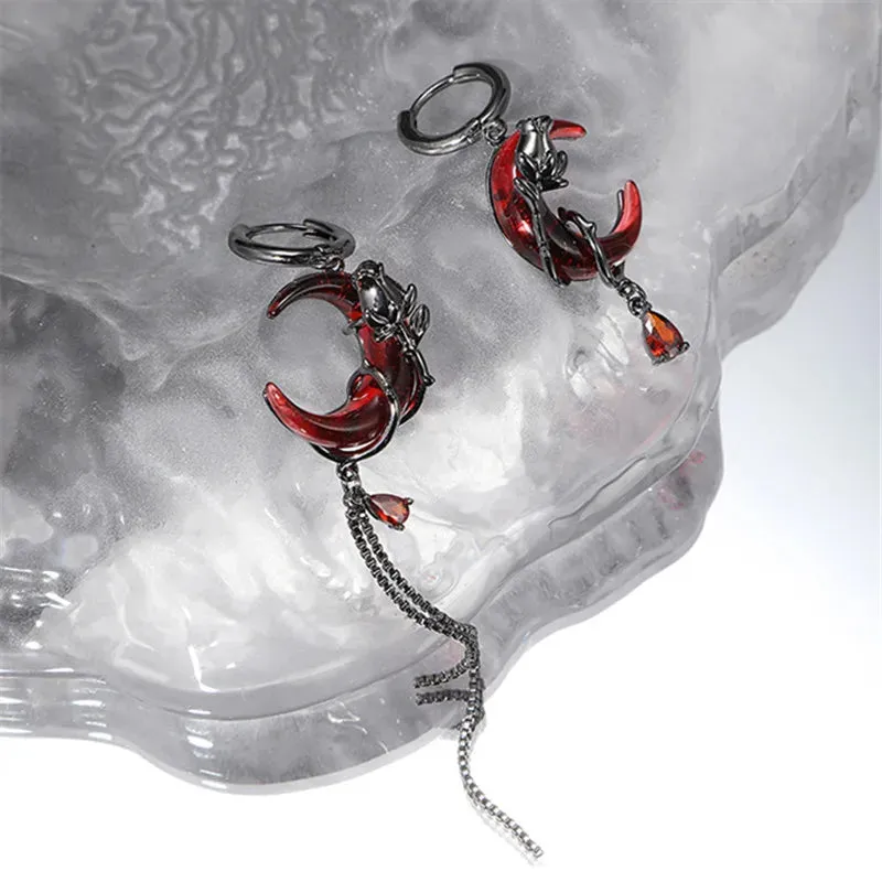 VAIGE Asymmetrical Red Moon Rose Crystal Drop Earrings with Long Tassel Design in Stainless Steel and Zinc Alloy
