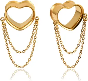 Vankula 2PCS Elegant Heart Chains Hypoallergenic Stainless Steel 0g 2g Plugs Ear Gauges Tunnels Piercing Expander Stretchers Fashion Body Jewelry