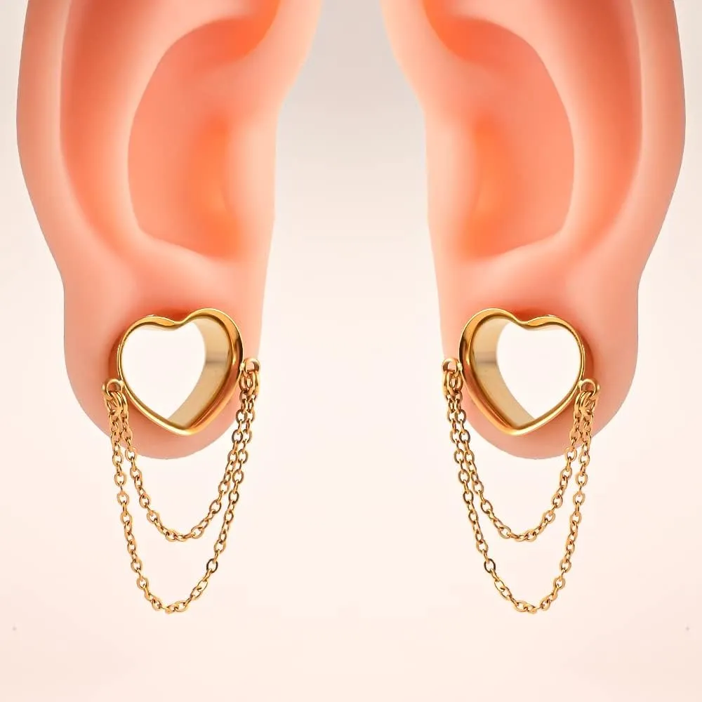 Vankula 2PCS Elegant Heart Chains Hypoallergenic Stainless Steel 0g 2g Plugs Ear Gauges Tunnels Piercing Expander Stretchers Fashion Body Jewelry