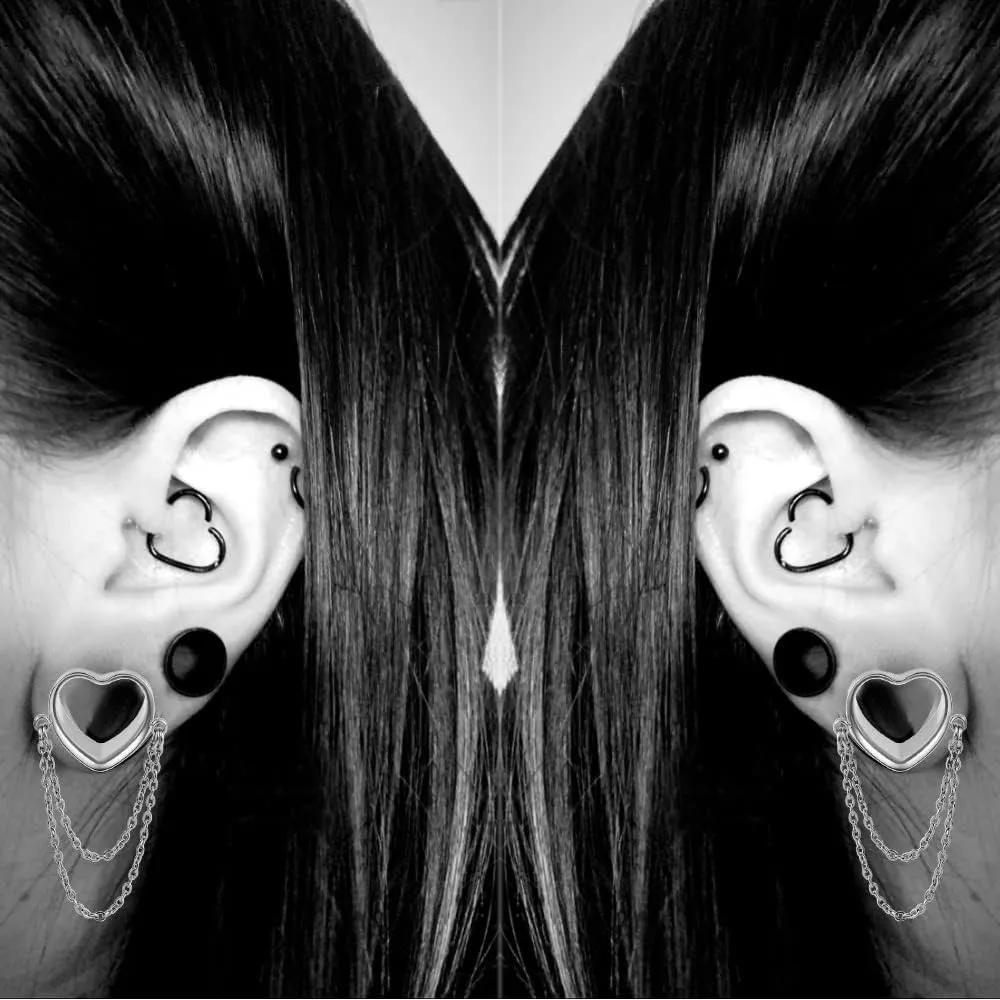Vankula 2PCS Elegant Heart Chains Hypoallergenic Stainless Steel 0g 2g Plugs Ear Gauges Tunnels Piercing Expander Stretchers Fashion Body Jewelry