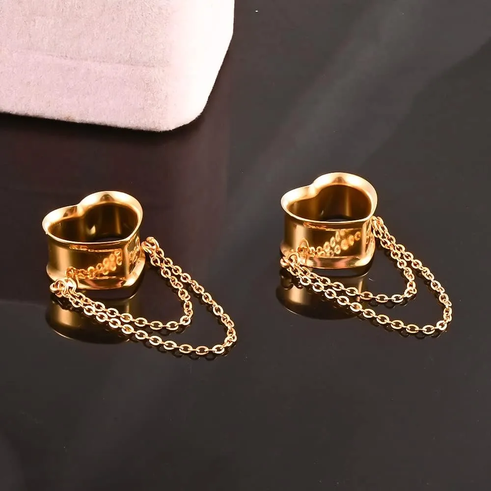 Vankula 2PCS Elegant Heart Chains Hypoallergenic Stainless Steel 0g 2g Plugs Ear Gauges Tunnels Piercing Expander Stretchers Fashion Body Jewelry
