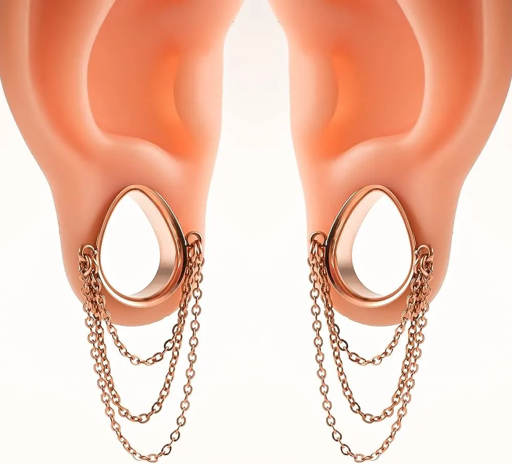 Vankula Elegant Teardrop Chains Hypoallergenic Stainless Steel 0g 2g Plugs Ear Gauges Tunnels Piercing Expander Stretchers Fashion Body Jewelry