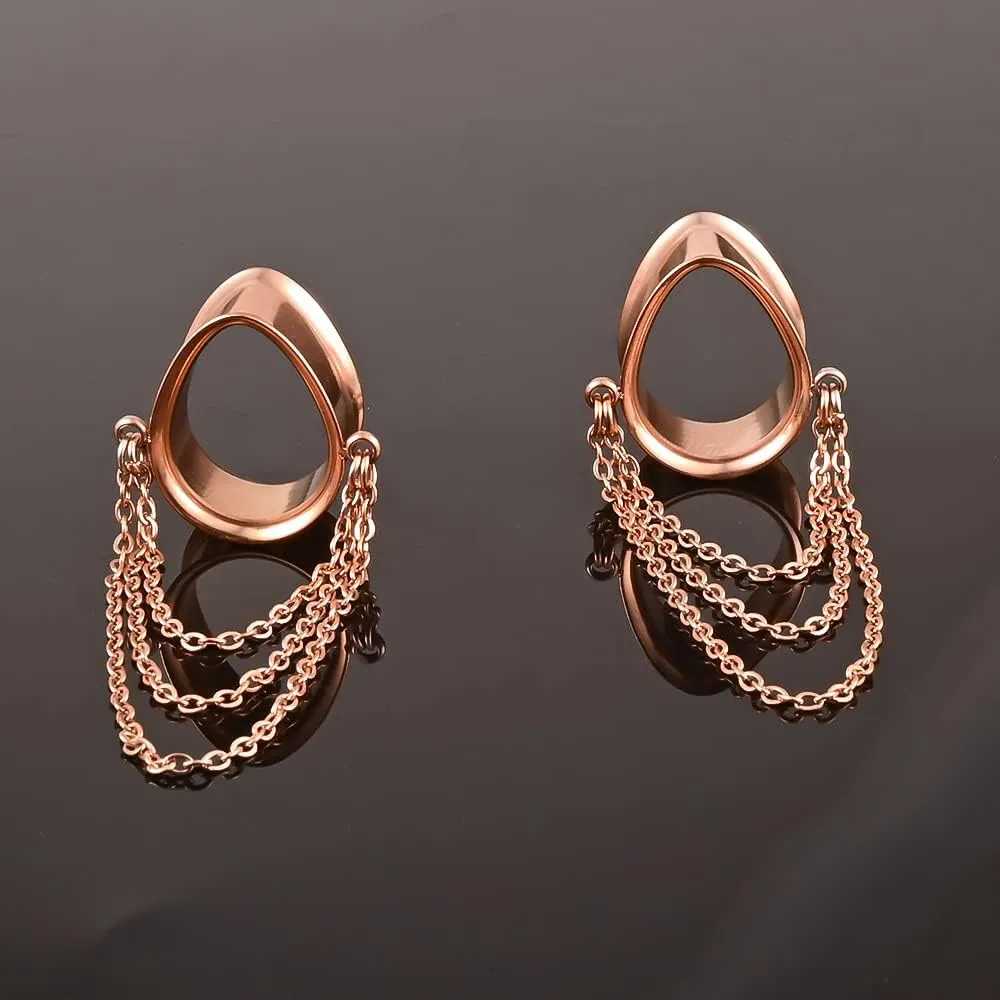 Vankula Elegant Teardrop Chains Hypoallergenic Stainless Steel 0g 2g Plugs Ear Gauges Tunnels Piercing Expander Stretchers Fashion Body Jewelry