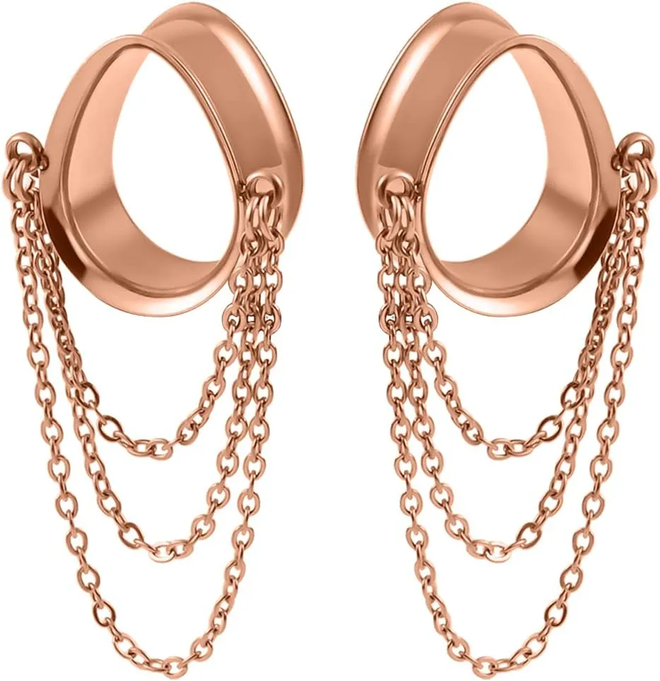 Vankula Elegant Teardrop Chains Hypoallergenic Stainless Steel 0g 2g Plugs Ear Gauges Tunnels Piercing Expander Stretchers Fashion Body Jewelry