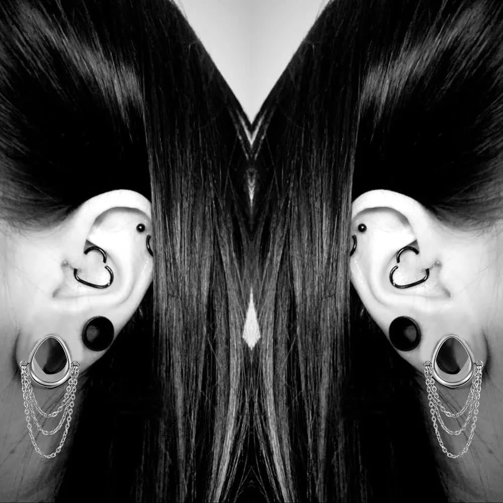 Vankula Elegant Teardrop Chains Hypoallergenic Stainless Steel 0g 2g Plugs Ear Gauges Tunnels Piercing Expander Stretchers Fashion Body Jewelry