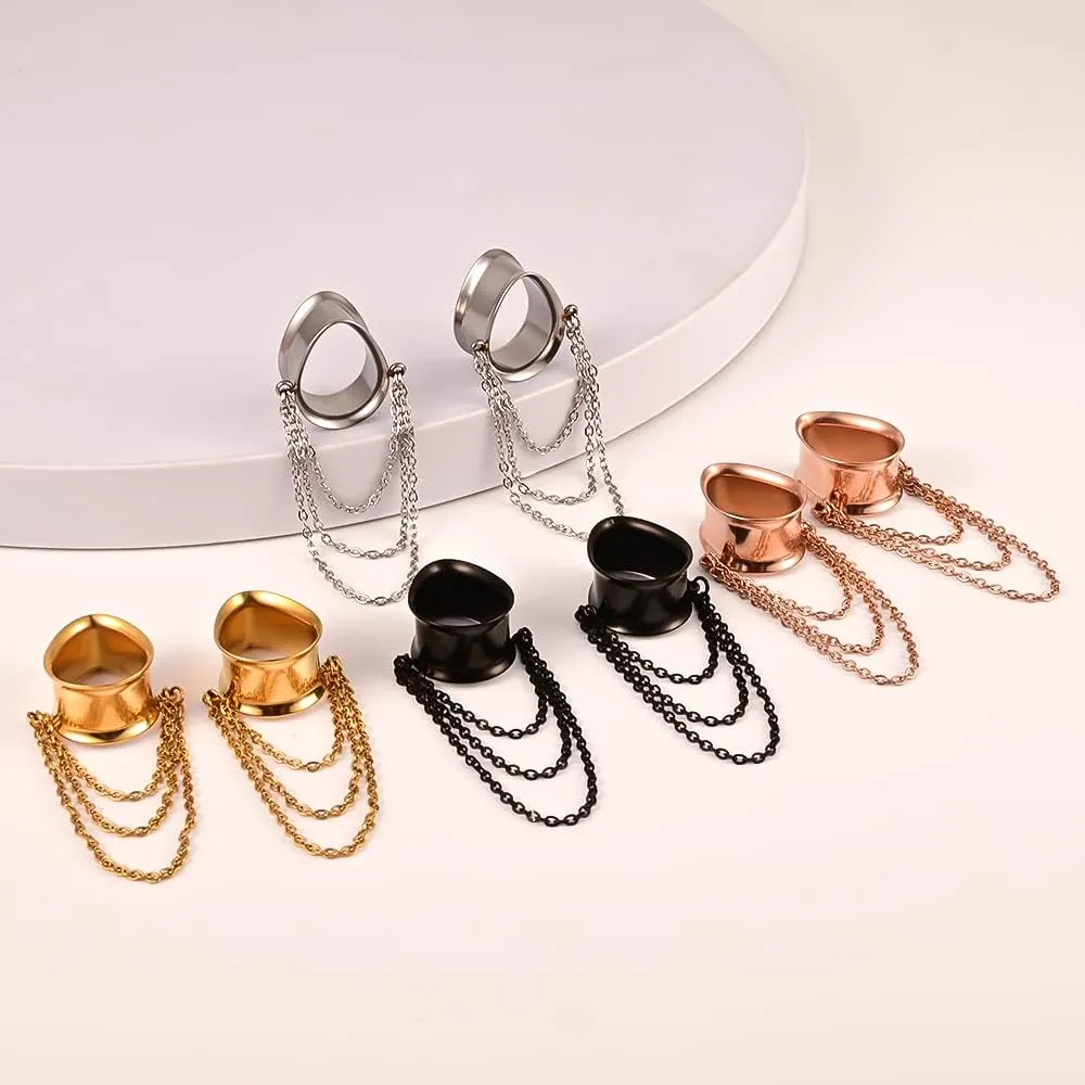 Vankula Elegant Teardrop Chains Hypoallergenic Stainless Steel 0g 2g Plugs Ear Gauges Tunnels Piercing Expander Stretchers Fashion Body Jewelry