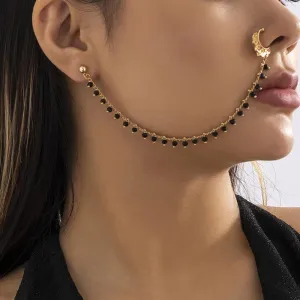 Vintage Black Beaded Tassel Nose Ring with Chain to Ear Stud Non-Pierced Septum Hoop Ring Indian Belly Dance Party Nose Accessories for Women and Girls (Black)