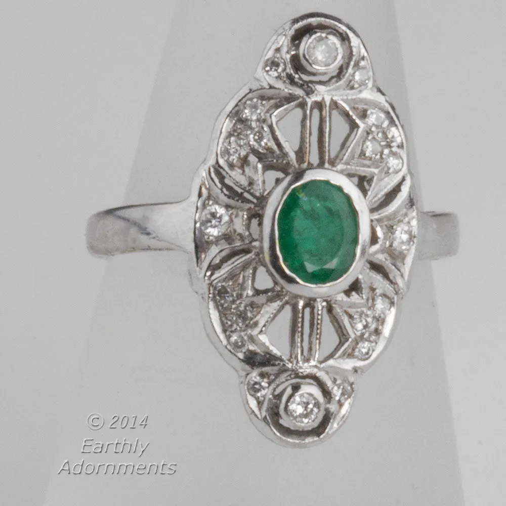 Vintage estate transitional 14k white gold filigree, emerald and diamond ring c. 1920. rgfn122